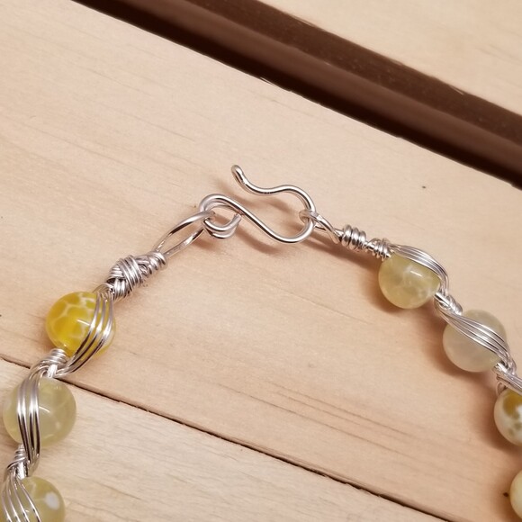 Handmade Yellow Agate Wire Wrapped Silver Tone Bead Bracelet - Picture 2 of 5